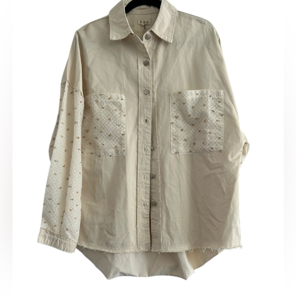 POL Oversized Mixed Media Button Down Shirt Cream Crochet Patch & Raw Hem Sz S